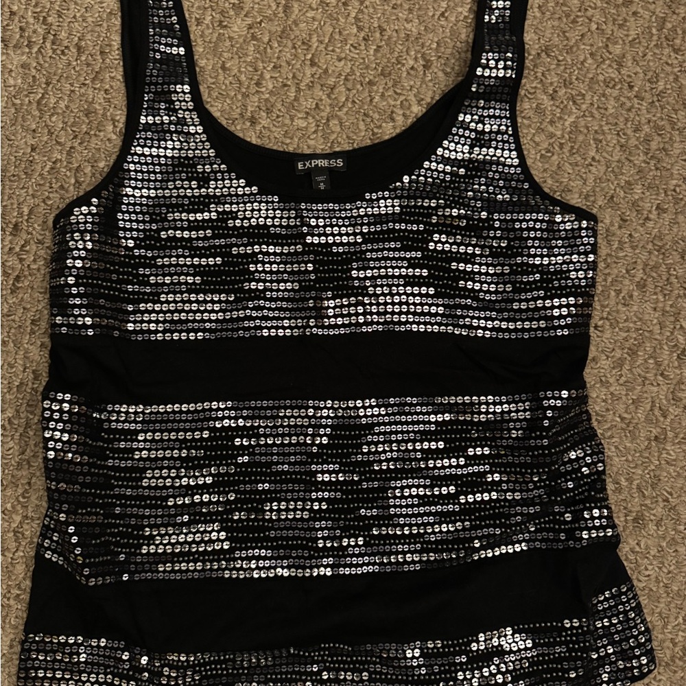 Express Black Tank Top with Silver Sequin Stripes